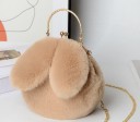 Ladies' Round Bag with Bunny Ears 22 x 21 cm Soft Fluffy Surface Metal Handle Frame Closure Long Shoulder Chain 5