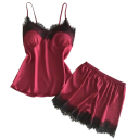 Ladies' Satin Silk Pyjama Elegant Plain Set with Lace V-Neck Top and Shorts Lightweight Shiny Material Various Colours 3