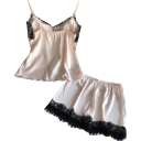 Ladies' Satin Silk Pyjama Elegant Plain Set with Lace V-Neck Top and Shorts Lightweight Shiny Material Various Colours 6