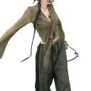 Ladies' Semi-Transparent Blouse Universal Size V-Neck Long Sleeve Ruching Tie Detail Elegant 7