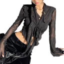 Ladies' Semi-Transparent Blouse Universal Size V-Neck Long Sleeve Ruching Tie Detail Elegant 2