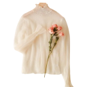 Ladies' Semi-Transparent Lace Blouse Universal Size Roll Neck O-Neck Long Sleeve Gathering Polka Dot Pattern 7