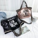 Ladies' Sequin Handbag 45 x 35 x 10 cm Large Bag with Writing Striped Handles Long Strap Across Body with Carabiners 5