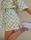 Ladies' Set Loose Check Shirt with Short Sleeves and Shorts Green and White Check Pattern with Colourful Flowers Elastic Waist Polyester 2