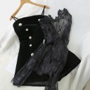 Ladies' Set Sheer Lace Blouse with Long Sleeves and Short Black Strappy Playsuit Decorative Buttons Velvet Look Polyester 3