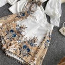 Ladies' Set White Blouse and Shorts with Ornamental Print Blouse with Stand-Up Collar and Balloon Sleeves Lace Decoration Polyester 5