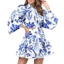 Ladies' shirt and skirt set with ruffles Ornamental print Shirt with balloon sleeves and tie Edges with tassels Polyester and cotton 2