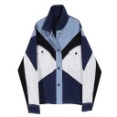Ladies' Shirt Jacket Blue and White Patchwork with Black Pieces Snap Fastening Chest Pockets with Flaps Contrast Stitching Polyester and Cotton 1