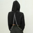 Ladies' Short Hoodie with a Hood and Double Silver Chain at the Front and Back Loose Long Sleeves with Cuffs Polyester Cotton and Spandex Black 5