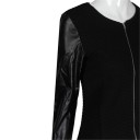 Ladies' Short Jacket for Spring and Autumn with Faux Leather Sleeves Structured Diamond Pattern Round Neckline without Collar Zip Fastening 8