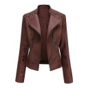 Ladies' Short Jacket in Faux Leather Asymmetrical Zip Decorative Lacing on Shoulders Lapel Collar Two Zip Pockets Long Sleeves 3