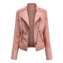 Ladies' Short Jacket in Faux Leather Asymmetrical Zip Decorative Lacing on Shoulders Lapel Collar Two Zip Pockets Long Sleeves 5