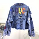 Ladies' Short Oversized Denim Jacket with Print Rips and Frayed Edges Metal Studs Coloured Letters and Writing on the Back Cotton 4