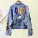 Ladies' Short Oversized Denim Jacket with Print Rips and Frayed Edges Metal Studs Coloured Letters and Writing on the Back Cotton 5