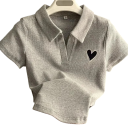 Ladies' Short Sleeve Polo Shirt Plain Design with Heart V-Neck with Collar Polyester Top 1