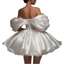 Ladies' Short Wedding and Evening Dresses with Exposed Shoulders and Gathered Neckline with Lacing at the Back and Gathered Skirt in White 4