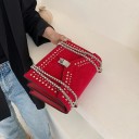 Ladies' shoulder bag with flap and metal studs Long chain strap Metal lock Suede look Artificial leather and polyester 7