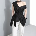 Ladies' Sleeveless Asymmetrical Blouse with One Shoulder Exposed Wide Collar Waist Tie Button Fastening Irregular Hem Polyester and Cotton 2