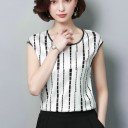 Ladies' Sleeveless Blouse with Geometric Pattern Round Neckline with Dark Trim Subtly Shiny Polyester Fabric Straight Cut 1