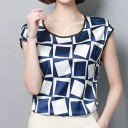 Ladies' Sleeveless Blouse with Geometric Pattern Round Neckline with Dark Trim Subtly Shiny Polyester Fabric Straight Cut 5