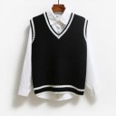 Ladies' Sleeveless Knitted Vest V-Neck Contrasting Stripes on the Edges Ribbed Lower Edge Straight Cut Polyester and Acrylic 2