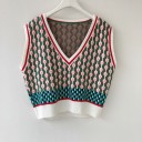 Ladies' Sleeveless Knitted Vest with Deep V-Neck Colourful Woven Pattern Checkered Stripe Above the Hem Ribbed Edges Cotton and Acrylic 1