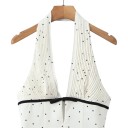 Ladies' Sleeveless Mini Dress with Deep V-Neck and Open Back with Pleated Bodice and Bow in White with Black Dots 9