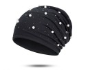 Ladies' slouchy beanie hat decorated with imitation pearls and sparkling stones Loose fit with soft gathering Fine polyester knit 1