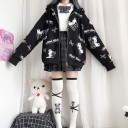 Ladies' Spring and Autumn Zip-Up Hooded Jacket Black with White Teddy Bear and Scissors Pattern Loose Oversized Fit Hip-Length Polyester 3