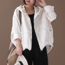 Ladies' Spring Cotton Jacket with Hood and Zip Loose Oversized Fit Frayed Seams and Edges Breast Pocket and Curved Bottom Hem 3