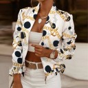 Ladies' Spring Jacket with a Bold Print Short Waist-Length Cut Zip Fastening Stand-Up Collar Long Sleeves Polyester Material 1