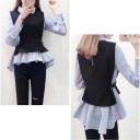 Ladies' Striped Blouse with Removable Black Vest Two-Layered Look Shirt Collar Long Sleeves Ruffled Hem Longer at the Back Cotton 4