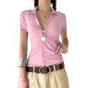 Ladies' Striped Short-Sleeved Shirt Elegant Crop Blouse with Buttons Stylish Fitted Summer Shirt Casual Waist Top 4