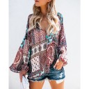 Ladies' Summer Blouse with Long Balloon Sleeves Vibrant Patchwork Pattern with Ornaments V-Neck with Drawstring Loose Fit Polyester 3