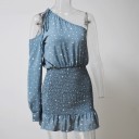 Ladies' Summer Mini Dress One Shoulder Long Sleeve with Cut-Out Smocked Skirt with Frill Blue with White Polka Dots Polyester and Chiffon 4