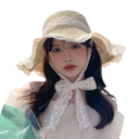 Ladies' Summer Straw Hat with Wide Brim Sun Protection Elegant Hat with Ribbon Tie Under the Chin 1