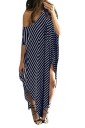 Ladies' Summer Striped Maxi Dress Asymmetrical Hem with Side Slits Loose Fit Wide Neckline Short Sleeves Polyester with Spandex 4
