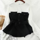 Ladies' Sweatshirt with Belt and Shirt Front Balloon Sleeves Breast Pockets with Flaps Flared Peplum Hem Round Neck Polyester 2