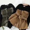 Ladies' Sweatshirt with Belt and Shirt Front Balloon Sleeves Breast Pockets with Flaps Flared Peplum Hem Round Neck Polyester 4