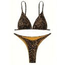 Ladies' Two-Piece Leopard Print Bikini Triangle Top with Adjustable Straps and Thong Bottoms Swimwear for Summer 2