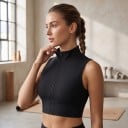 Ladies' Two-Piece Set of Sports Crop Tops Fitted Sleeveless Vests with Full-Length Zip Fastening in Black and White 3
