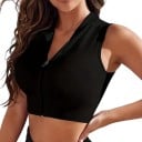 Ladies' Two-Piece Set of Sports Crop Tops Fitted Sleeveless Vests with Full-Length Zip Fastening in Black and White 10