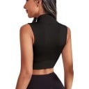 Ladies' Two-Piece Set of Sports Crop Tops Fitted Sleeveless Vests with Full-Length Zip Fastening in Black and White 12
