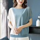 Ladies' Two-Tone Blouse in Soft Knit Loose Fit Short Sleeves with Lace Stripes Diagonal Colour Blocking Cotton and Polyester 4