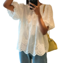 Ladies' White Blouse O-Neck Three-Quarter Sleeve Embellishment and Lace Elegant Plain Blouse Made of Polyester 2