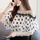 Ladies' White Blouse with Black Polka Dots and Exposed Shoulders Ruffle with Black Lace Trim Short Sleeves Sheer Yoke Polyester with Spandex 2