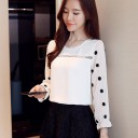 Ladies' White Blouse with Black Polka Dots on Long Sleeves Round Neckline with Pearls Lacy Stripe on the Chest Polyester and Spandex 3
