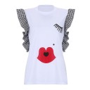 Ladies' White Blouse with Face Print Eyelash and Red Lips Motif Short Frilled Sleeves with Checked Pattern Round Neck Polyester 3