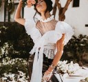 Ladies' White Blouse with Rich Ruffles and Sheer Neckline High Gathered Collar Waist Tie Sewn Polka Dots Throughout Polyester 2