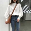 Ladies' White Elegant Shirt with Long Fluffy Sleeves and Cuffs Stand-Up Collar Button Fastening Polyester and Cotton 2